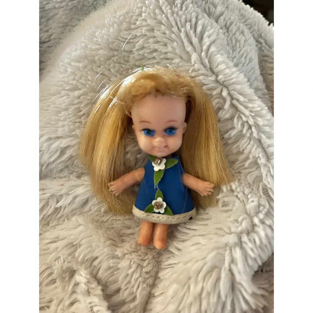 Vintage Mattel Liddle Kiddles Miniature Doll‎ Blonde Blue Eyes Blue Flower Dress
